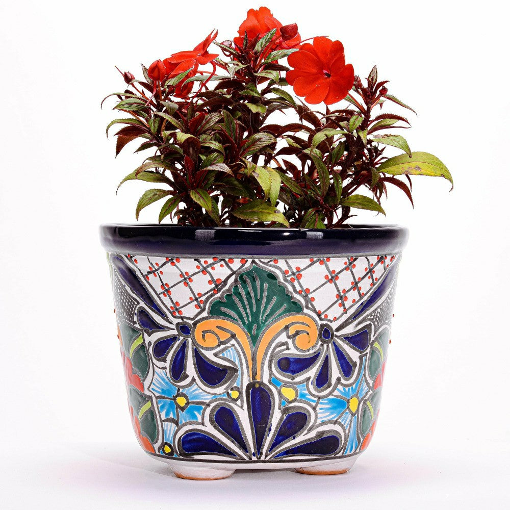 Plow & Hearth Large Round Talavera Floral Pot
