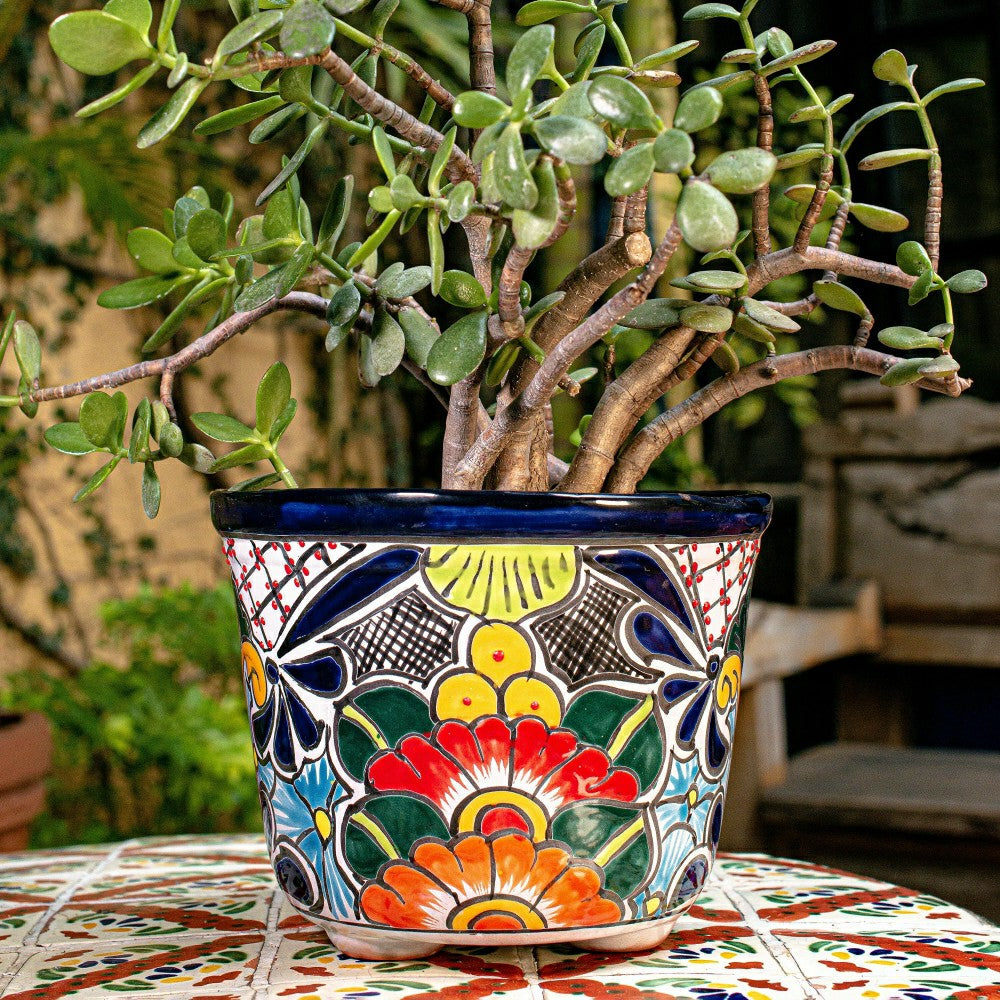 Plow & Hearth Large Round Talavera Floral Pot