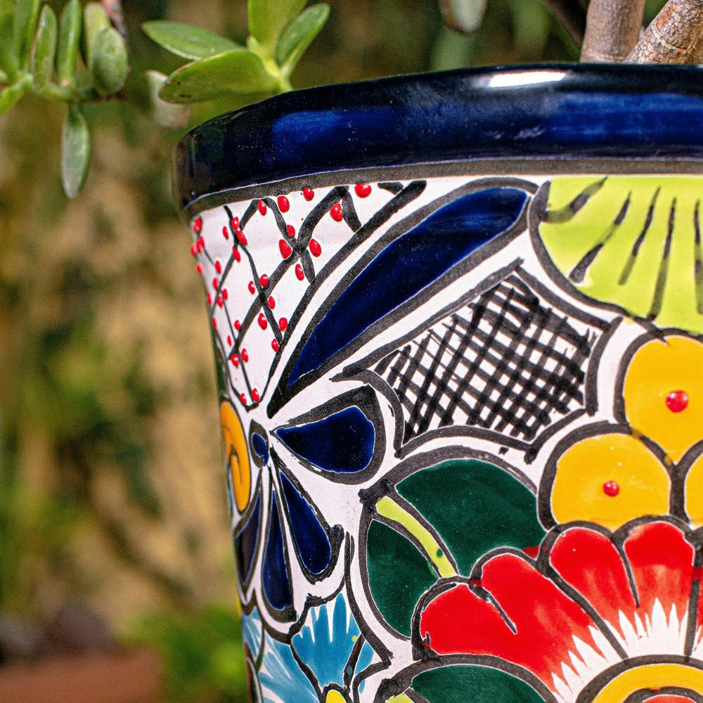 Plow & Hearth Large Round Talavera Floral Pot