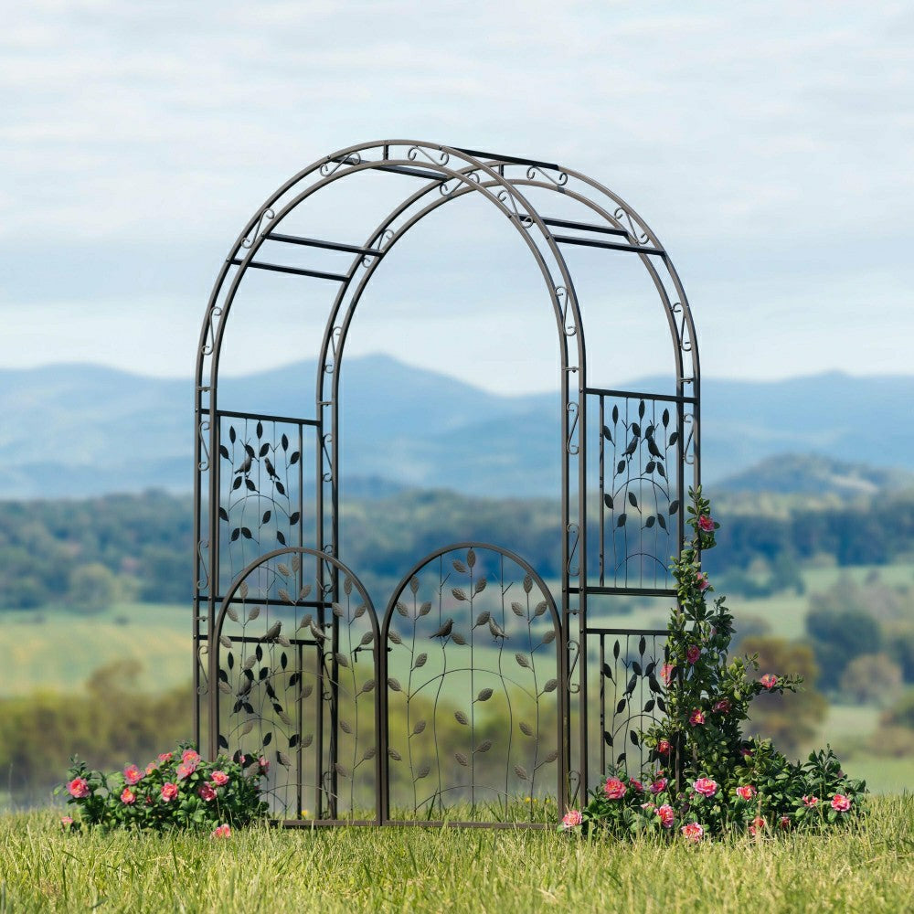 Plow & Hearth Metal Arched Birds and Leaves Garden Arbor with Gate