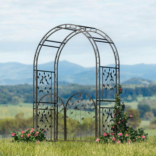 Plow & Hearth Metal Arched Birds and Leaves Garden Arbor with Gate