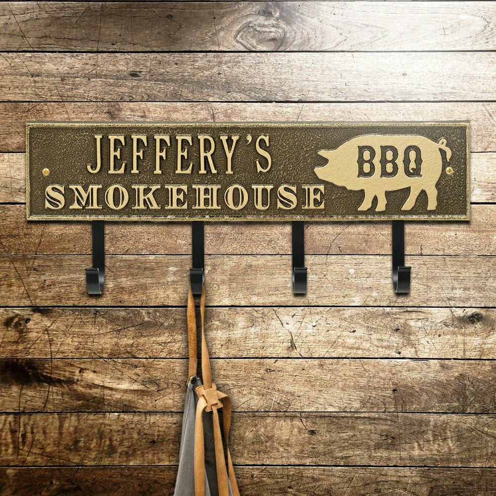 Plow & Hearth Smokehouse BBQ Rectangle Hook Plaque, Antique Brass