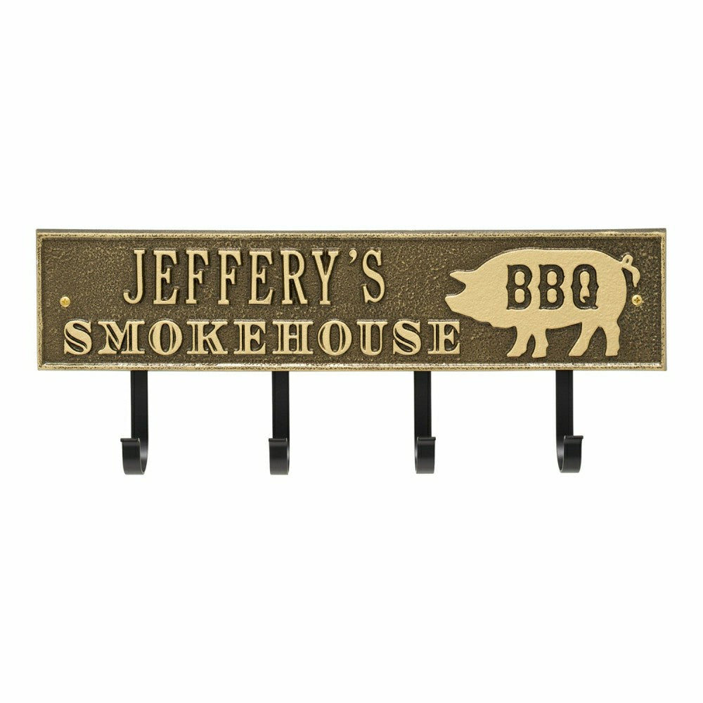 Plow & Hearth Smokehouse BBQ Rectangle Hook Plaque, Antique Brass