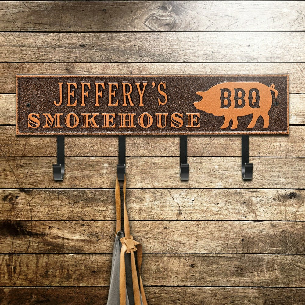 Plow & Hearth Smokehouse BBQ Rectangle Hook Plaque, Antique Brass