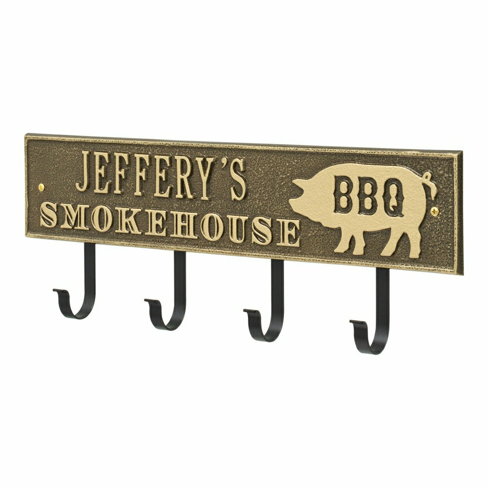 Plow & Hearth Smokehouse BBQ Rectangle Hook Plaque, Antique Brass