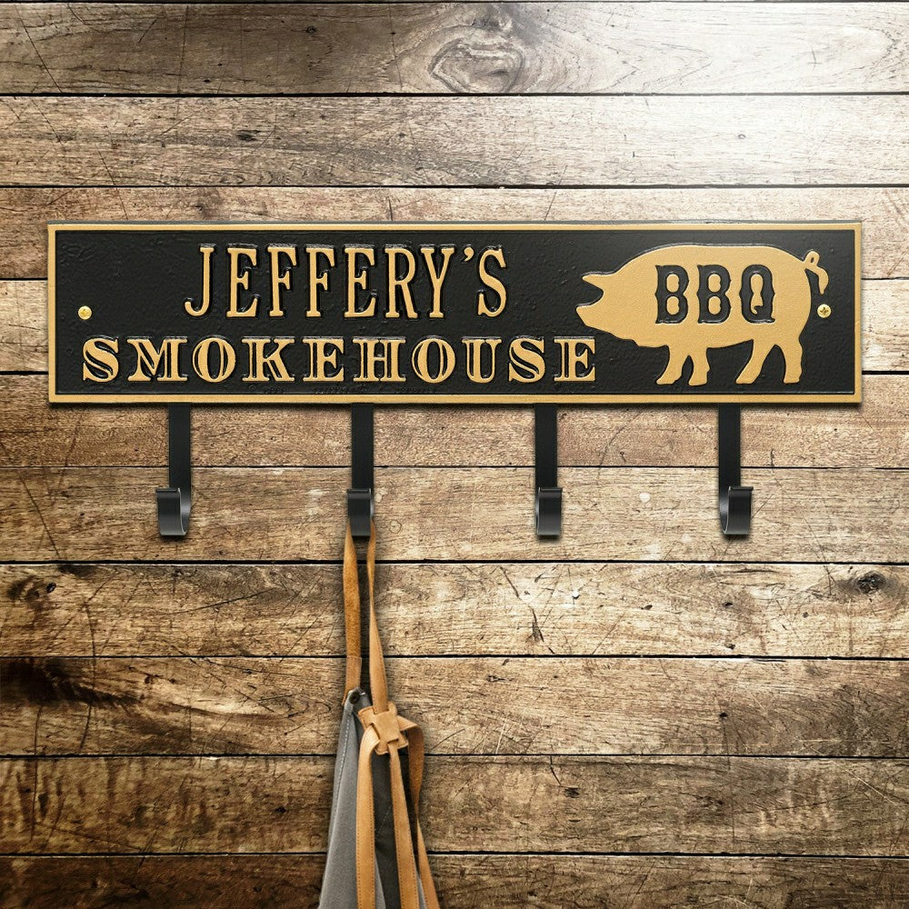 Plow & Hearth Smokehouse BBQ Rectangle Hook Plaque, Antique Brass