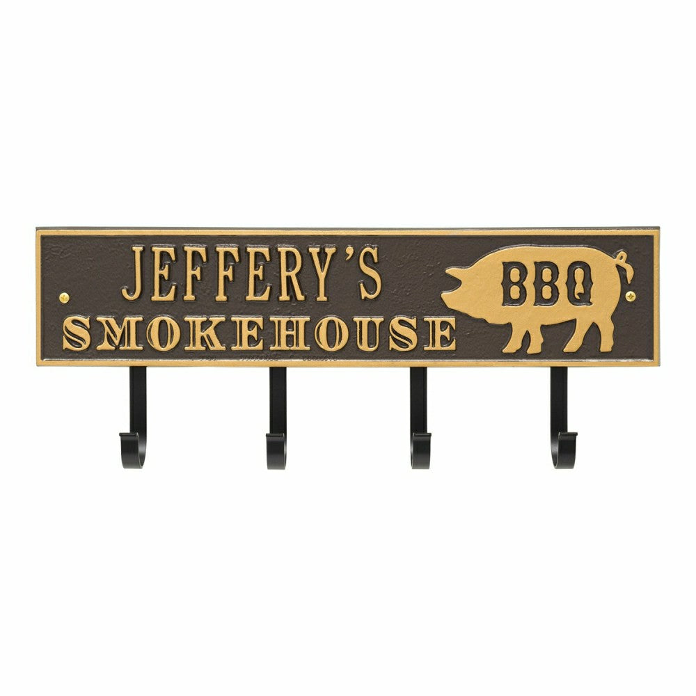 Plow & Hearth Smokehouse BBQ Rectangle Hook Plaque, Antique Brass