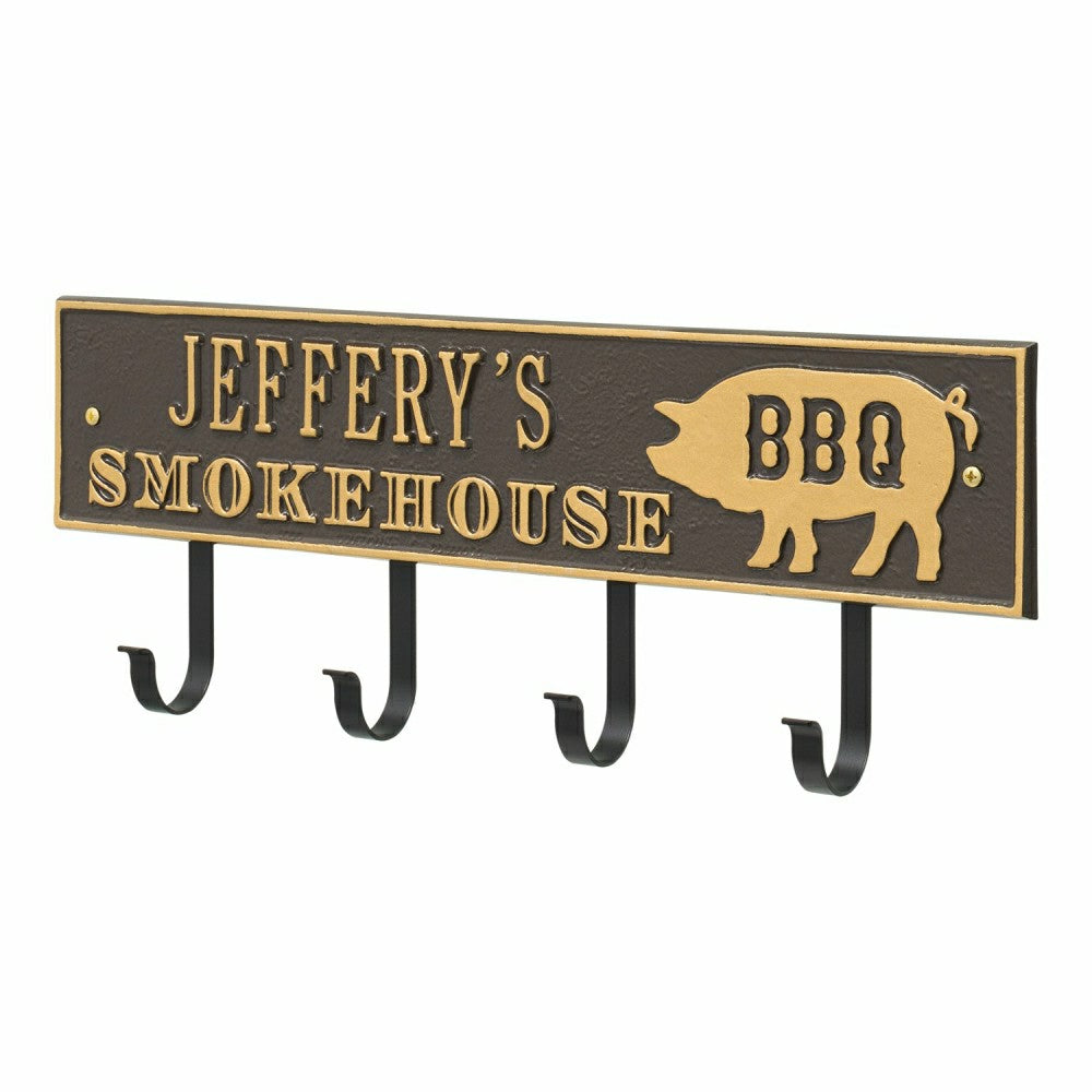 Plow & Hearth Smokehouse BBQ Rectangle Hook Plaque, Antique Brass