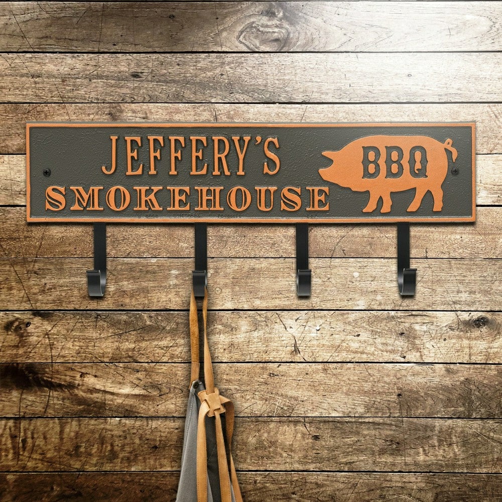 Plow & Hearth Smokehouse BBQ Rectangle Hook Plaque, Antique Brass