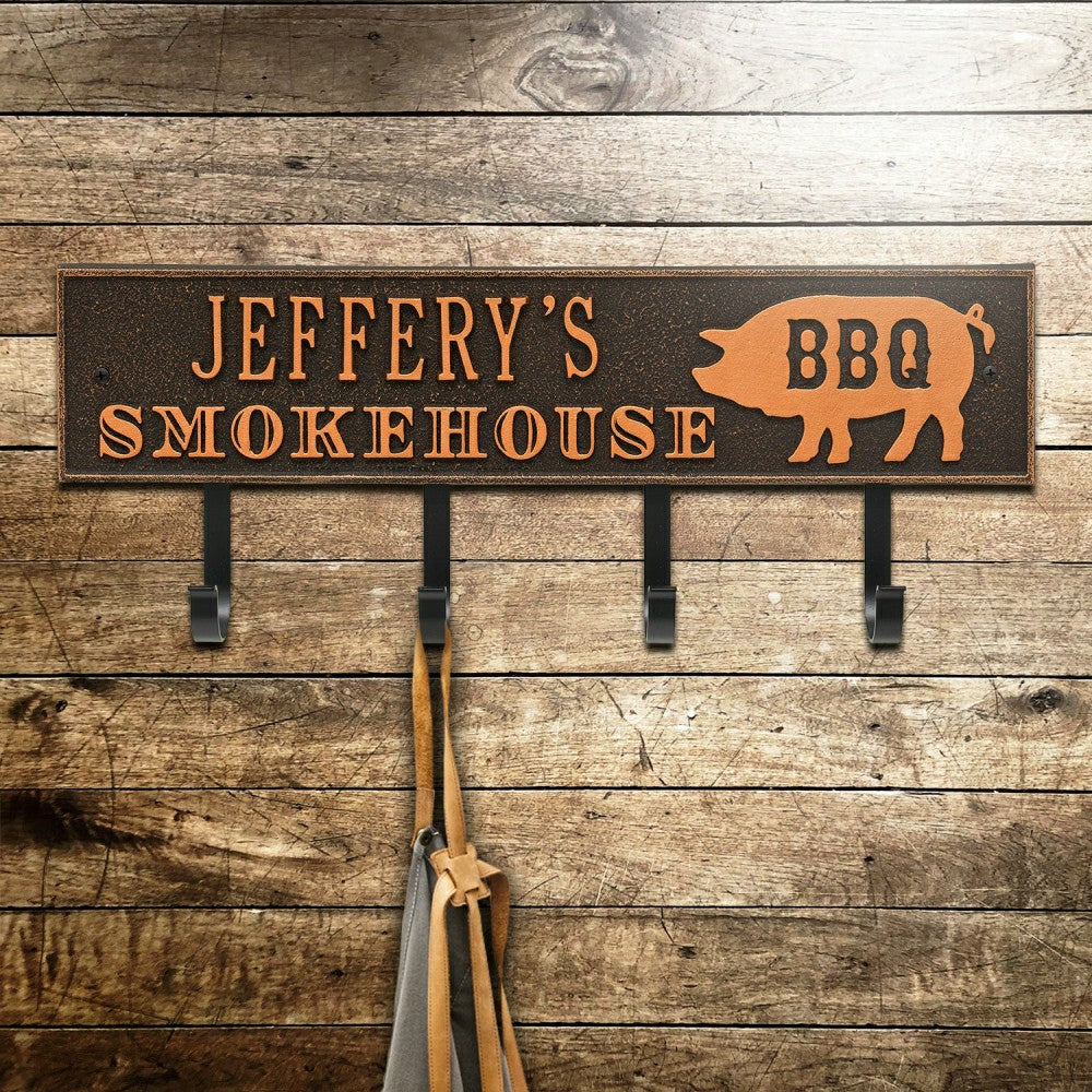 Plow & Hearth Smokehouse BBQ Rectangle Hook Plaque, Antique Brass