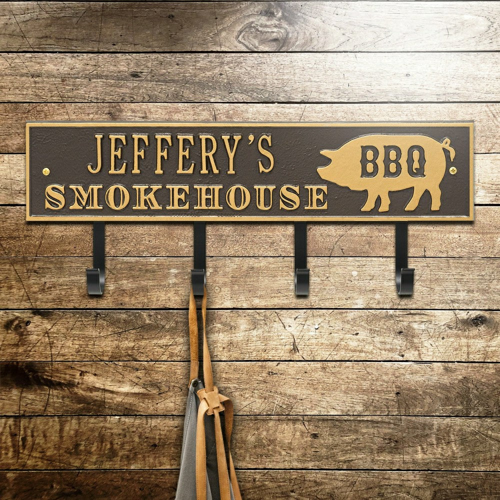 Plow & Hearth Smokehouse BBQ Rectangle Hook Plaque, Antique Brass