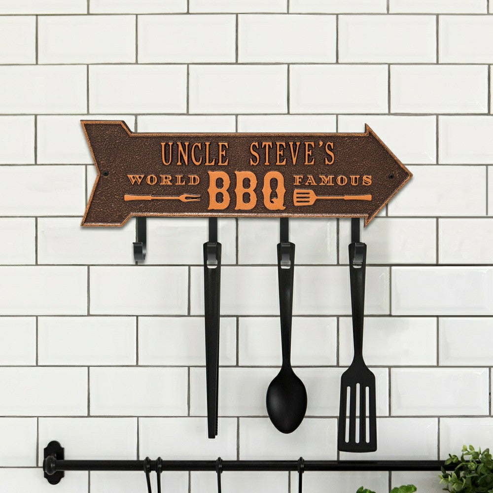 Plow & Hearth World Famous BBQ Arrow Hook Plaque, Antique Brass