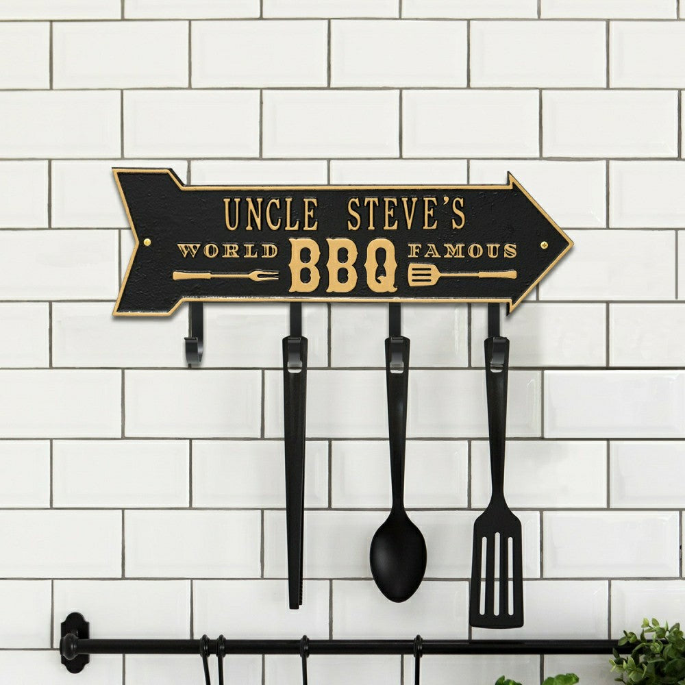 Plow & Hearth World Famous BBQ Arrow Hook Plaque, Antique Brass