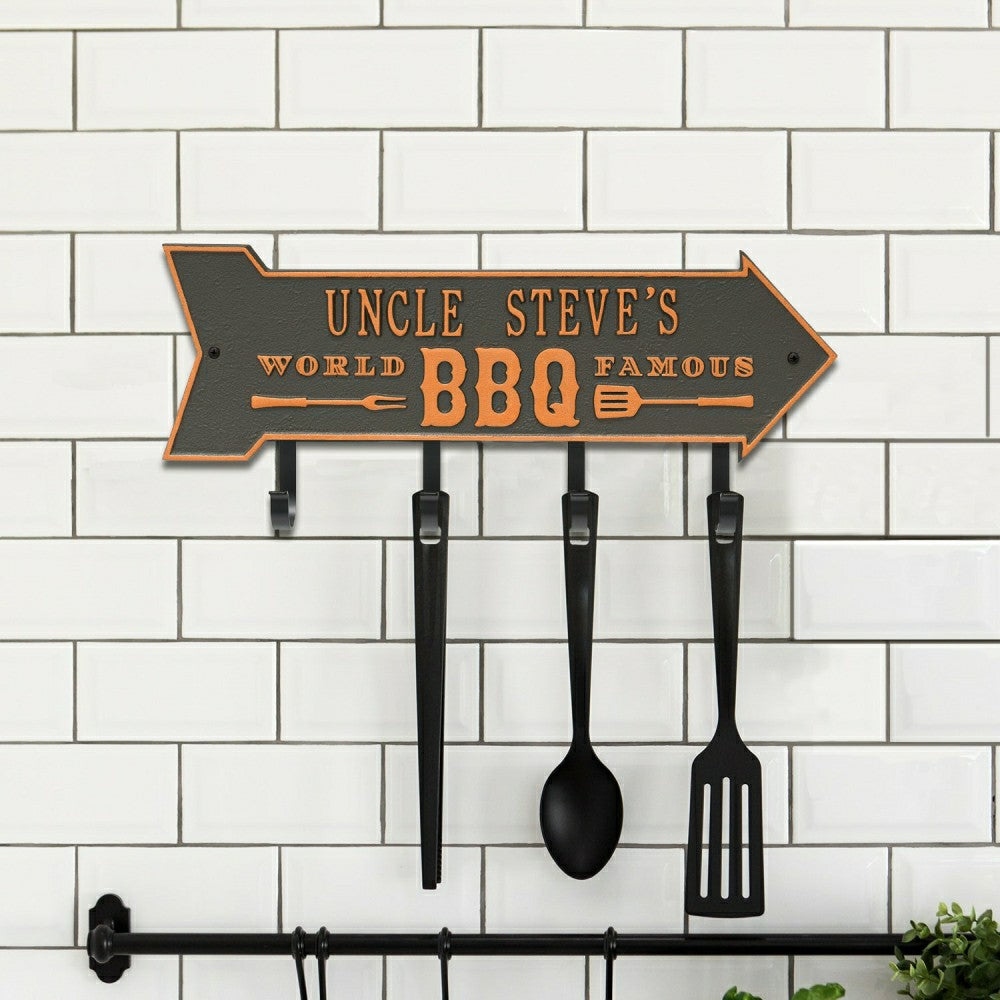 Plow & Hearth World Famous BBQ Arrow Hook Plaque, Antique Brass