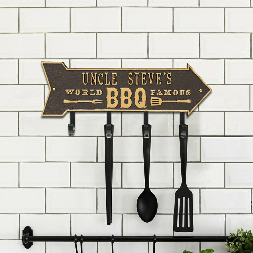 Plow & Hearth World Famous BBQ Arrow Hook Plaque, Antique Brass