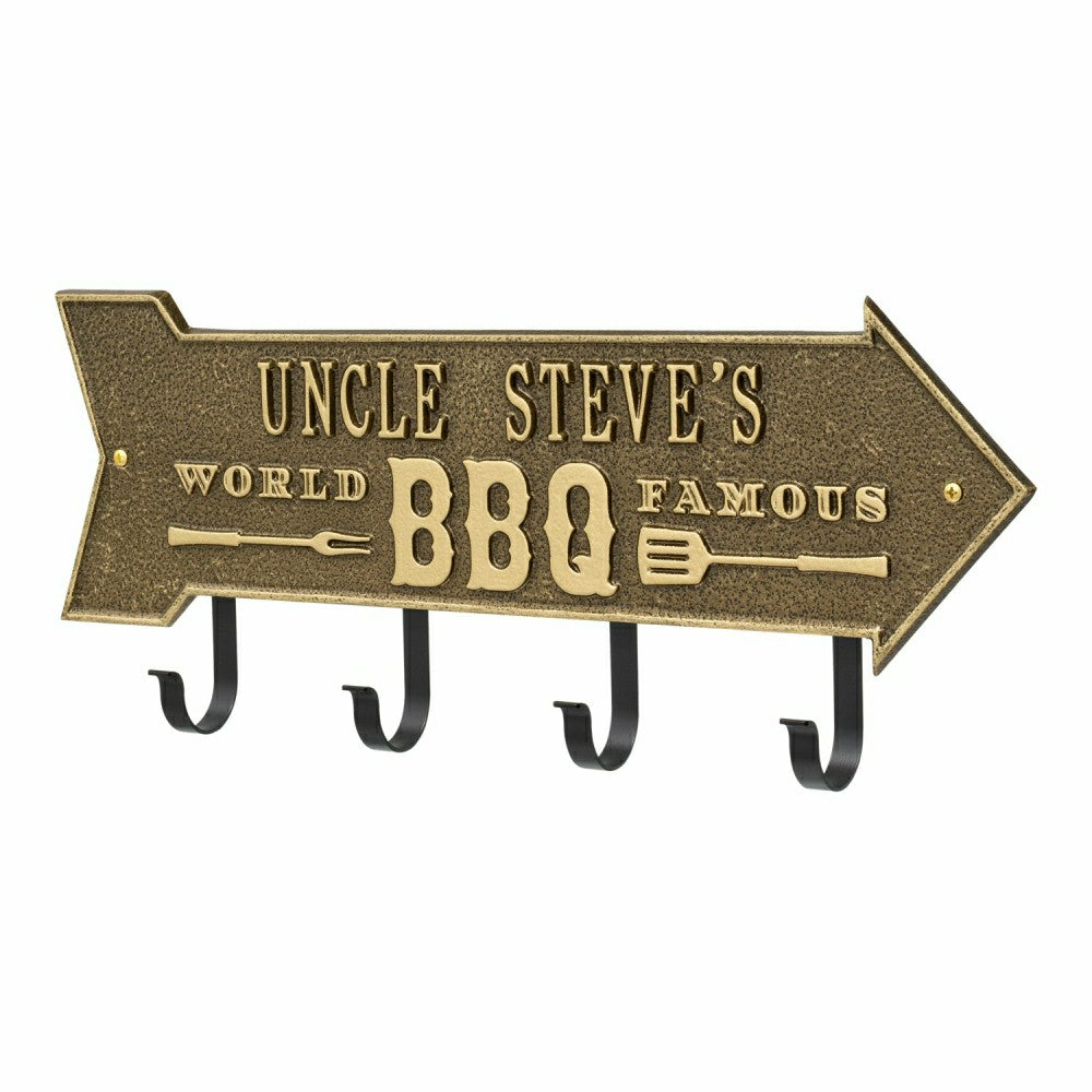 Plow & Hearth World Famous BBQ Arrow Hook Plaque, Antique Brass