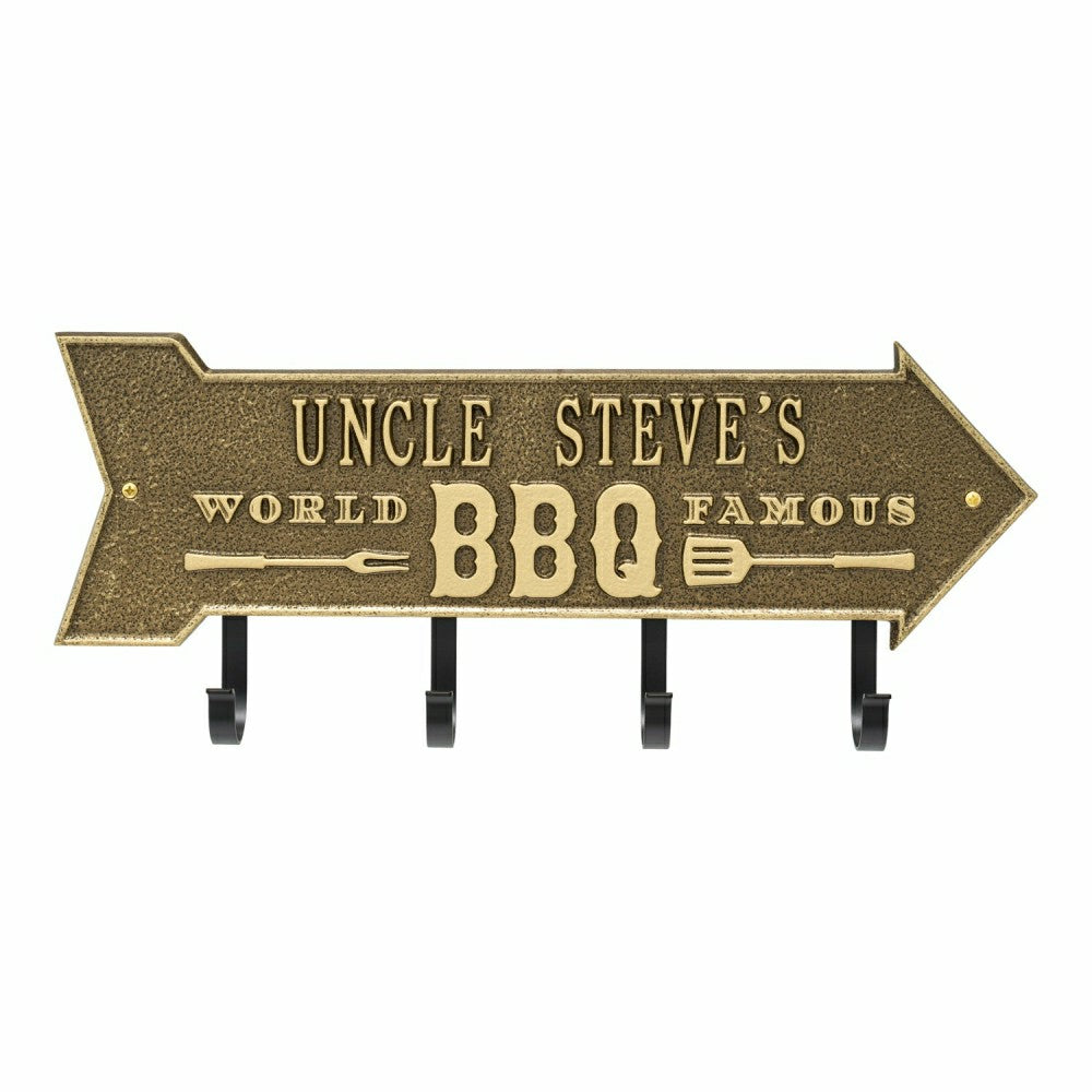 Plow & Hearth World Famous BBQ Arrow Hook Plaque, Antique Brass