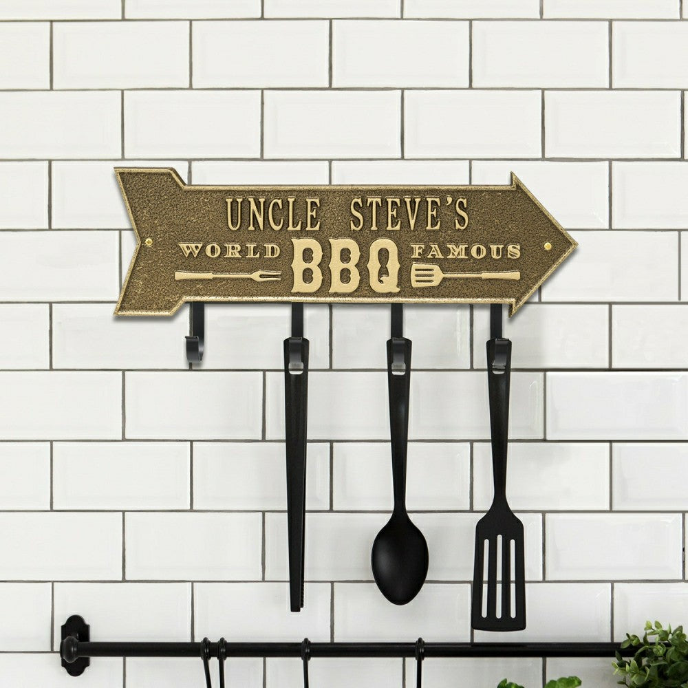 Plow & Hearth World Famous BBQ Arrow Hook Plaque, Antique Brass