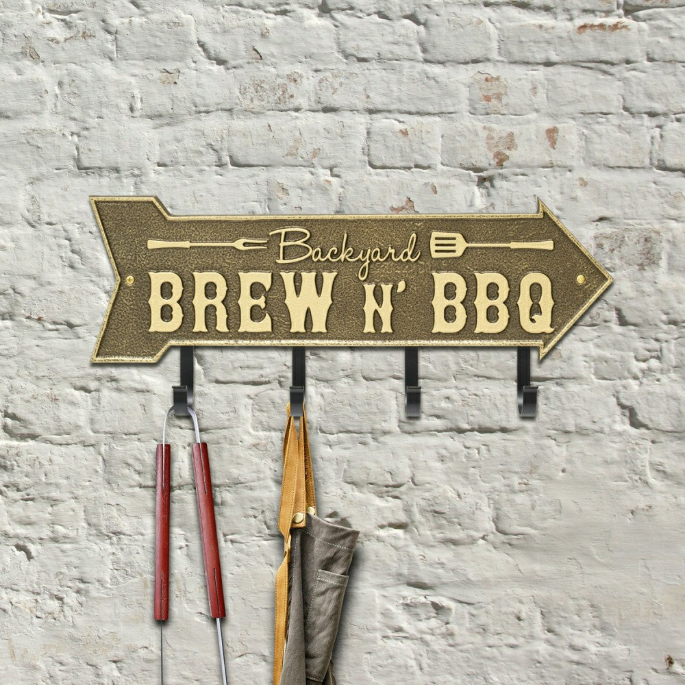 Plow & Hearth Backyard Brew N' BBQ Arrow Hook Plaque, Antique Brass