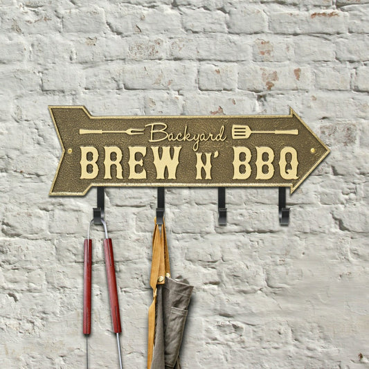 Plow & Hearth Backyard Brew N' BBQ Arrow Hook Plaque, Antique Brass