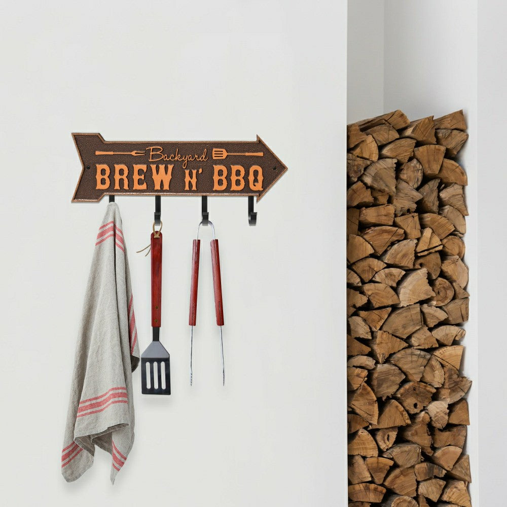 Plow & Hearth Backyard Brew N' BBQ Arrow Hook Plaque, Antique Brass