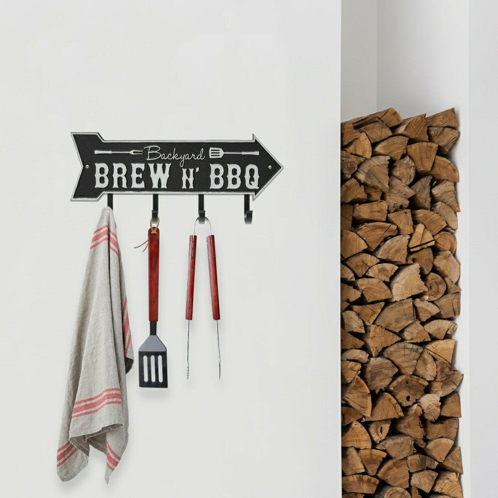 Plow & Hearth Backyard Brew N' BBQ Arrow Hook Plaque, Antique Brass