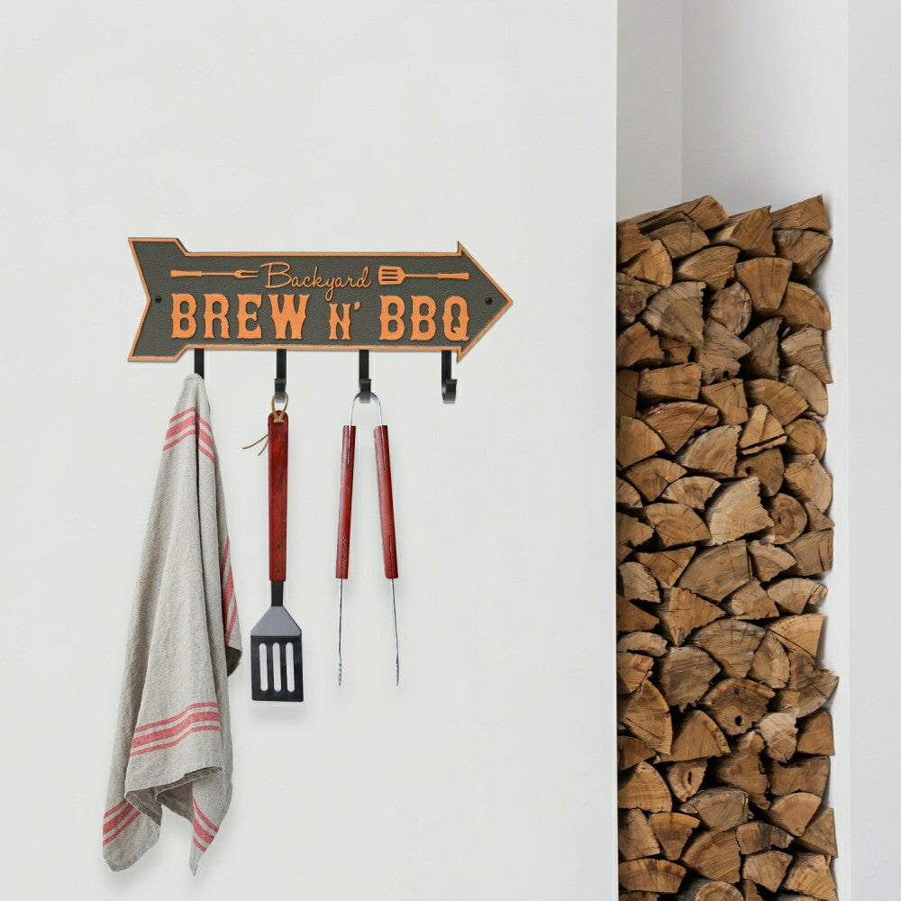 Plow & Hearth Backyard Brew N' BBQ Arrow Hook Plaque, Antique Brass