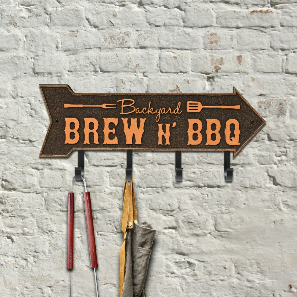 Plow & Hearth Backyard Brew N' BBQ Arrow Hook Plaque, Antique Brass