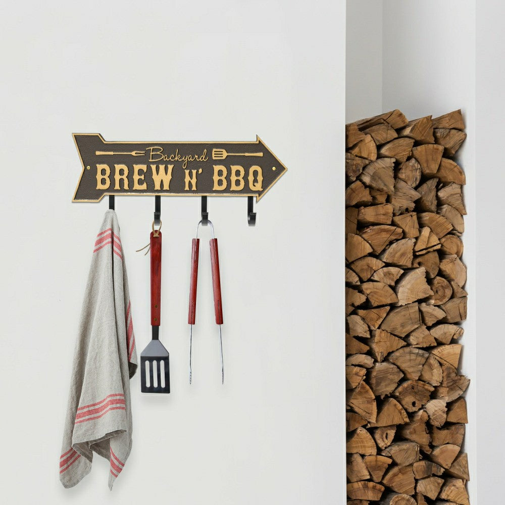 Plow & Hearth Backyard Brew N' BBQ Arrow Hook Plaque, Antique Brass