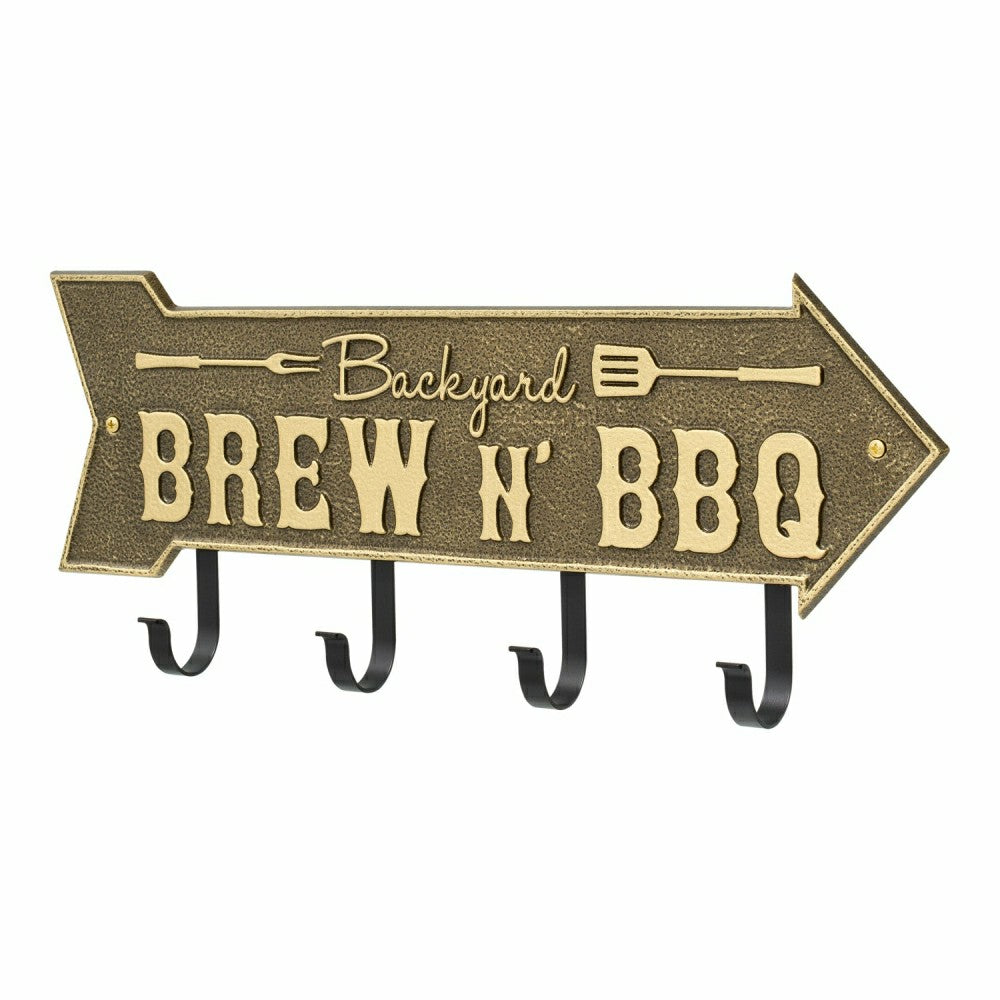 Plow & Hearth Backyard Brew N' BBQ Arrow Hook Plaque, Antique Brass
