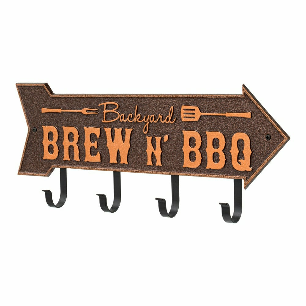 Plow & Hearth Backyard Brew N' BBQ Arrow Hook Plaque, Antique Brass