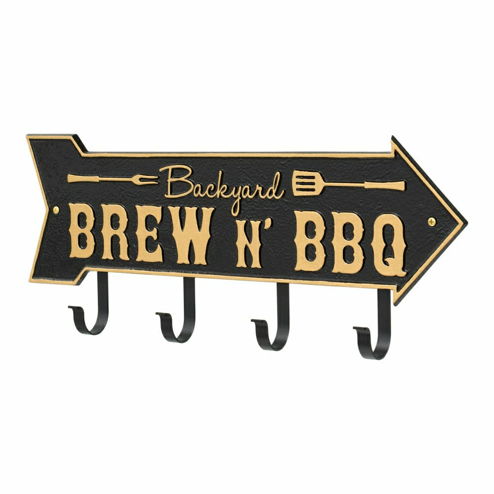 Plow & Hearth Backyard Brew N' BBQ Arrow Hook Plaque, Antique Brass