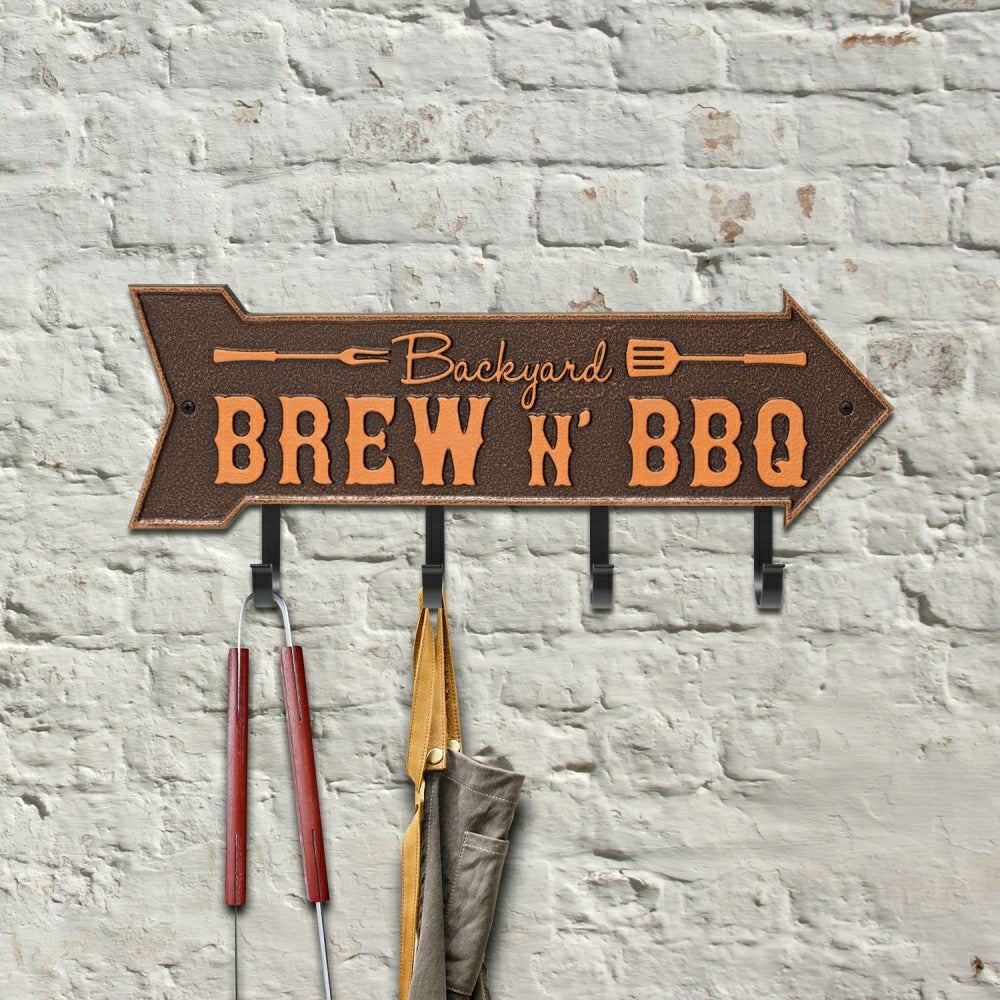 Plow & Hearth Backyard Brew N' BBQ Arrow Hook Plaque, Antique Brass
