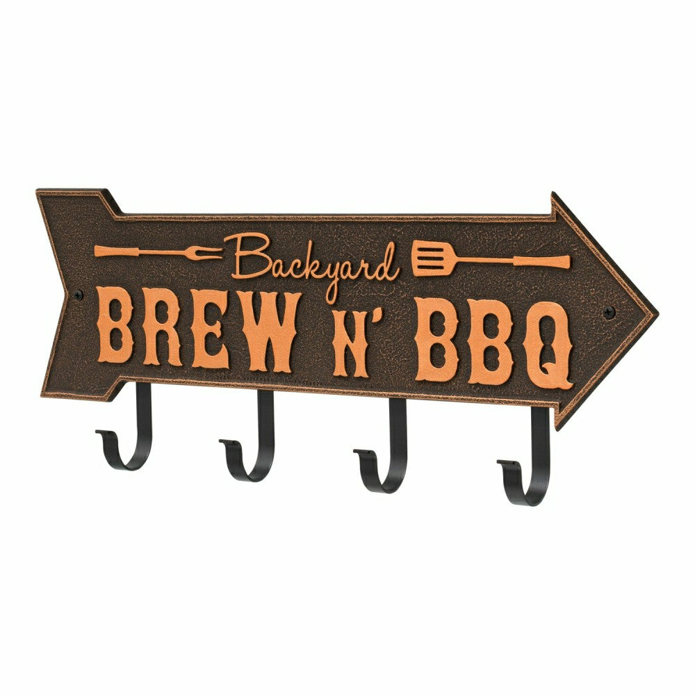 Plow & Hearth Backyard Brew N' BBQ Arrow Hook Plaque, Antique Brass