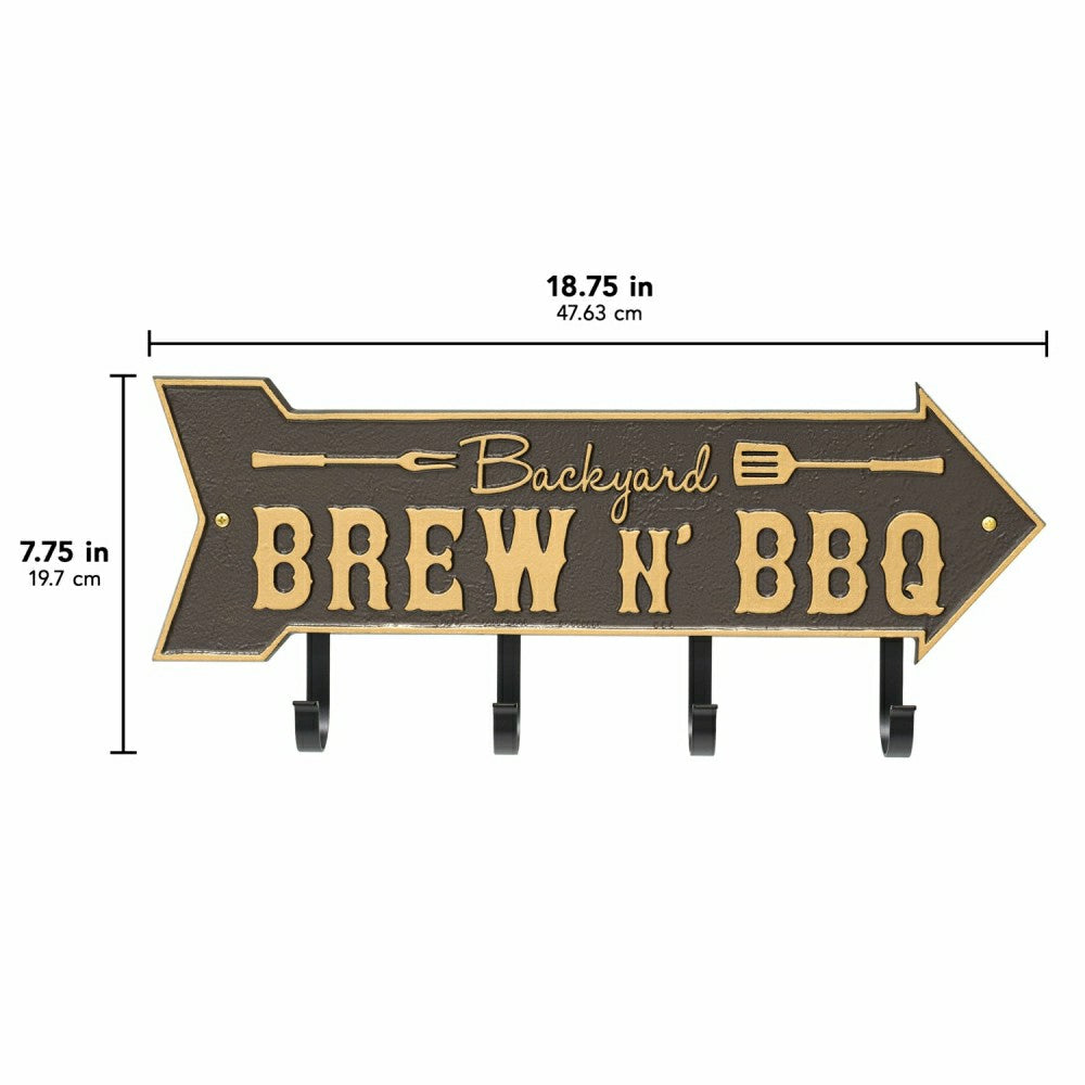 Plow & Hearth Backyard Brew N' BBQ Arrow Hook Plaque, Antique Brass
