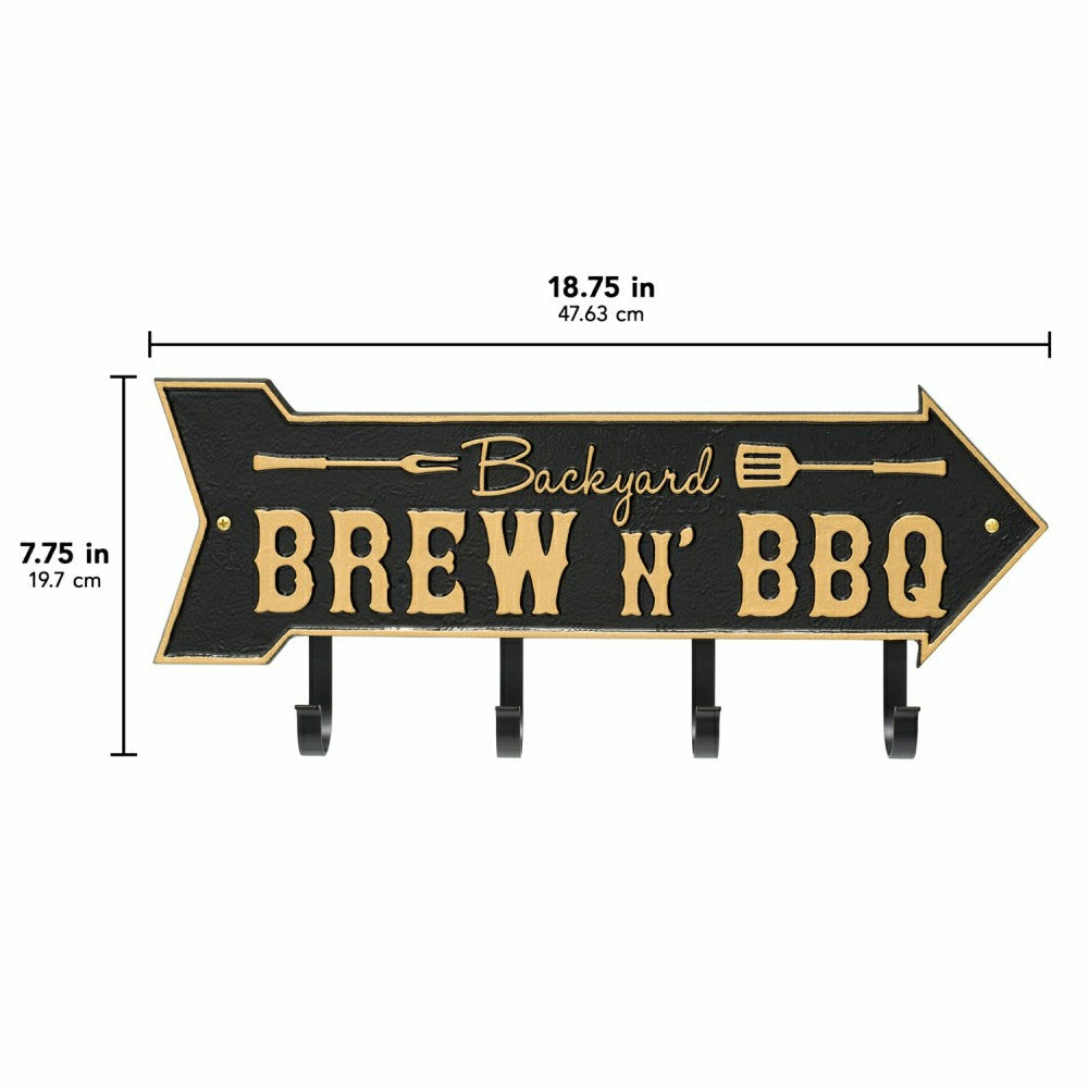 Plow & Hearth Backyard Brew N' BBQ Arrow Hook Plaque, Antique Brass