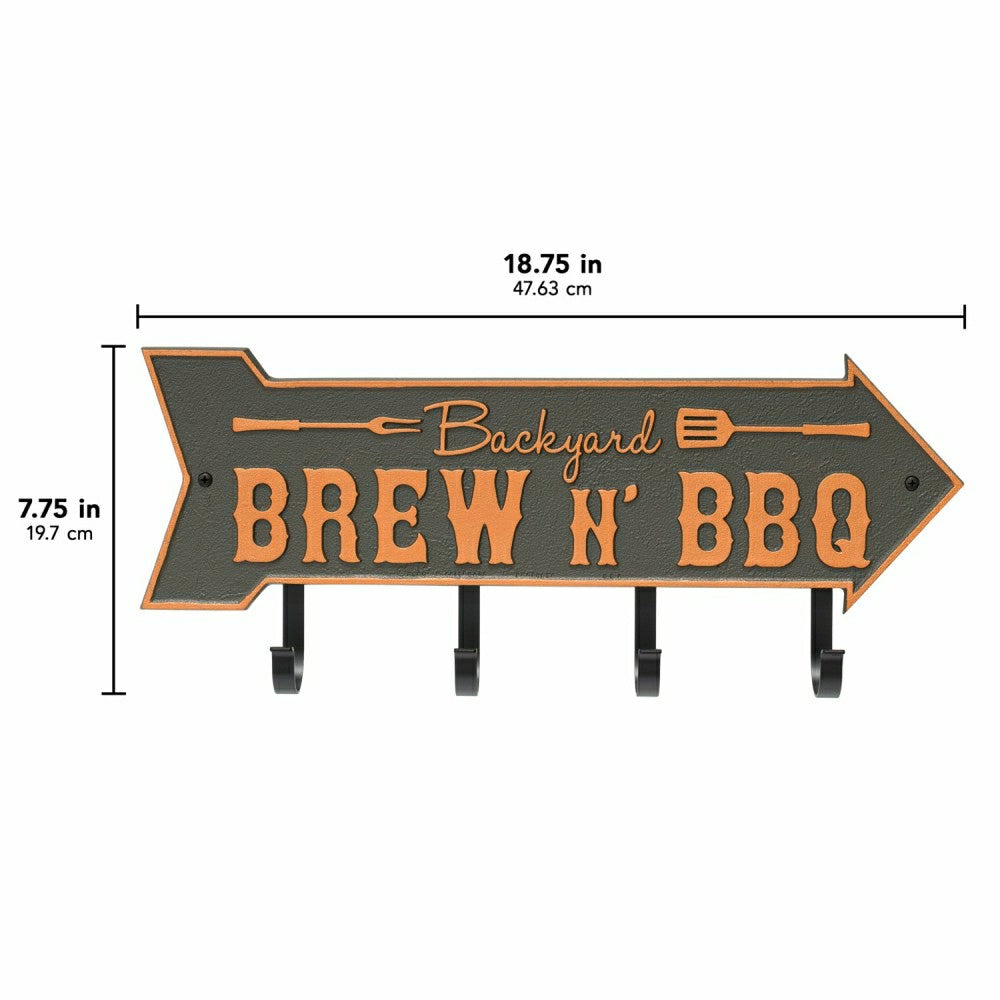 Plow & Hearth Backyard Brew N' BBQ Arrow Hook Plaque, Antique Brass