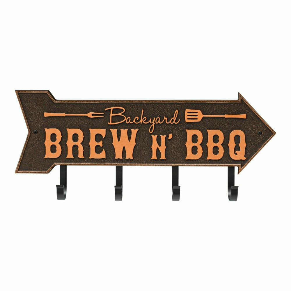 Plow & Hearth Backyard Brew N' BBQ Arrow Hook Plaque, Antique Brass