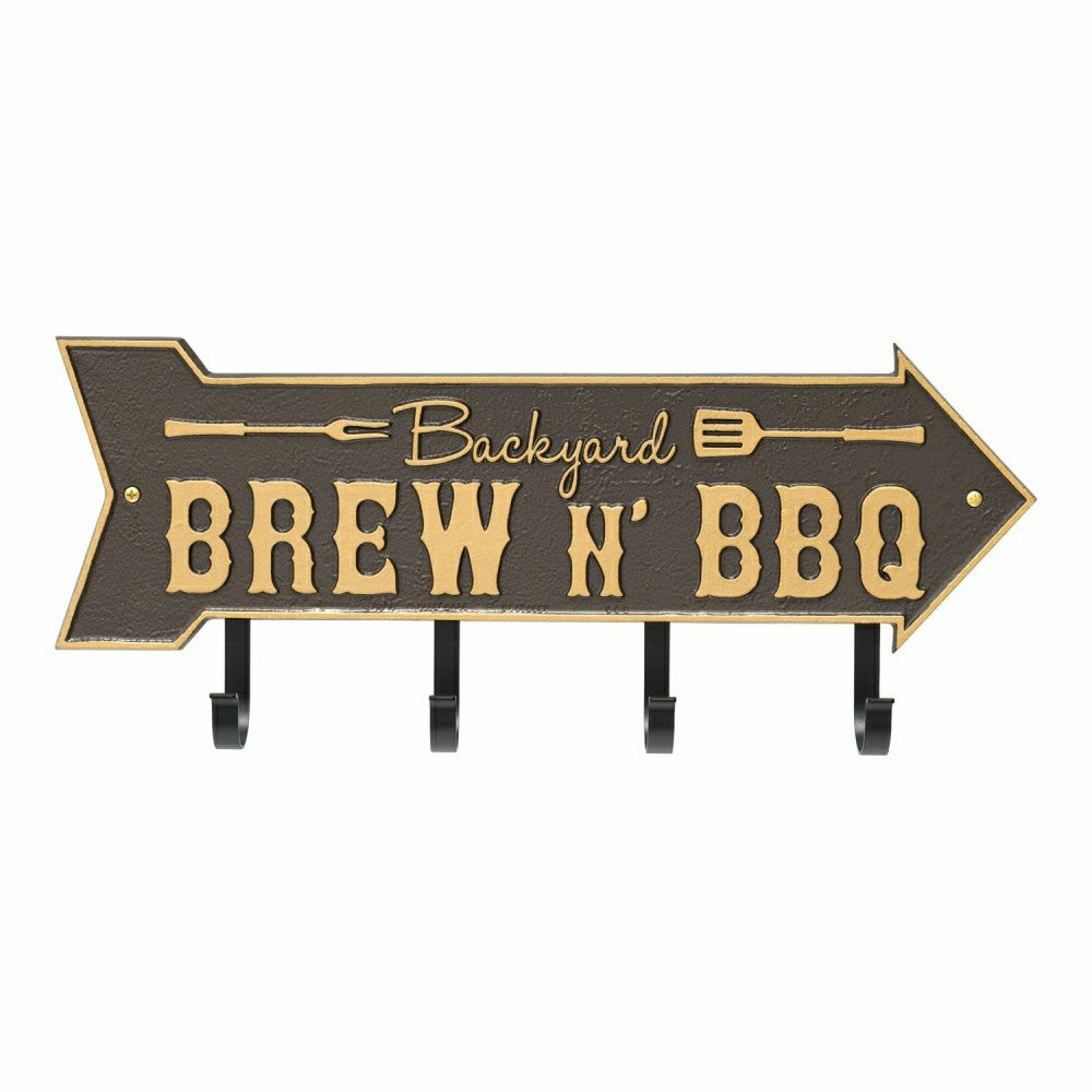 Plow & Hearth Backyard Brew N' BBQ Arrow Hook Plaque, Antique Brass