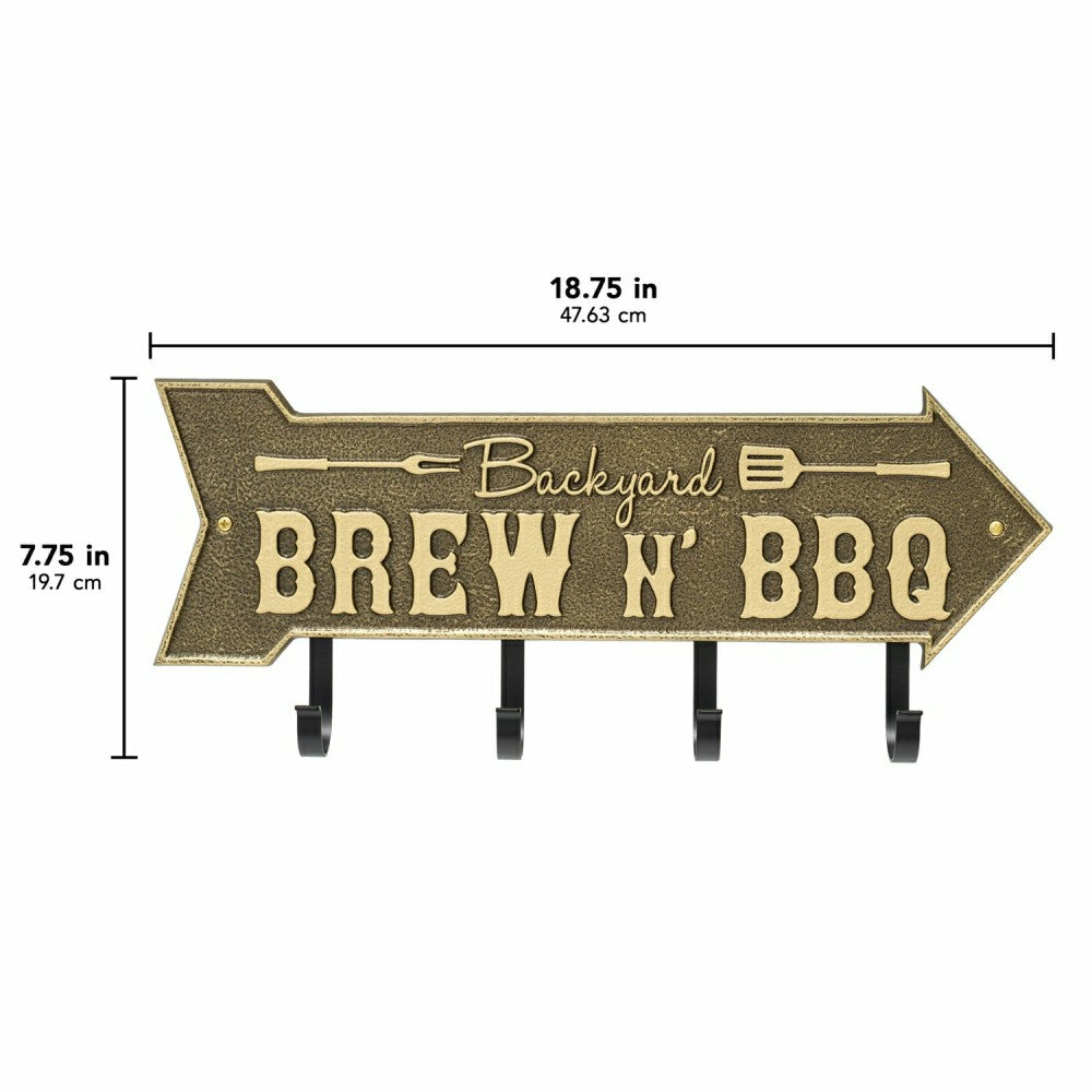Plow & Hearth Backyard Brew N' BBQ Arrow Hook Plaque, Antique Brass