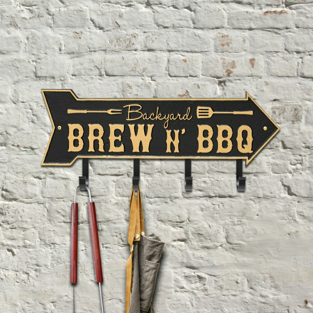 Plow & Hearth Backyard Brew N' BBQ Arrow Hook Plaque, Antique Brass