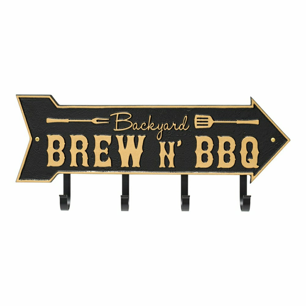 Plow & Hearth Backyard Brew N' BBQ Arrow Hook Plaque, Antique Brass
