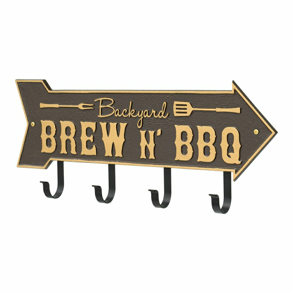 Plow & Hearth Backyard Brew N' BBQ Arrow Hook Plaque, Antique Brass