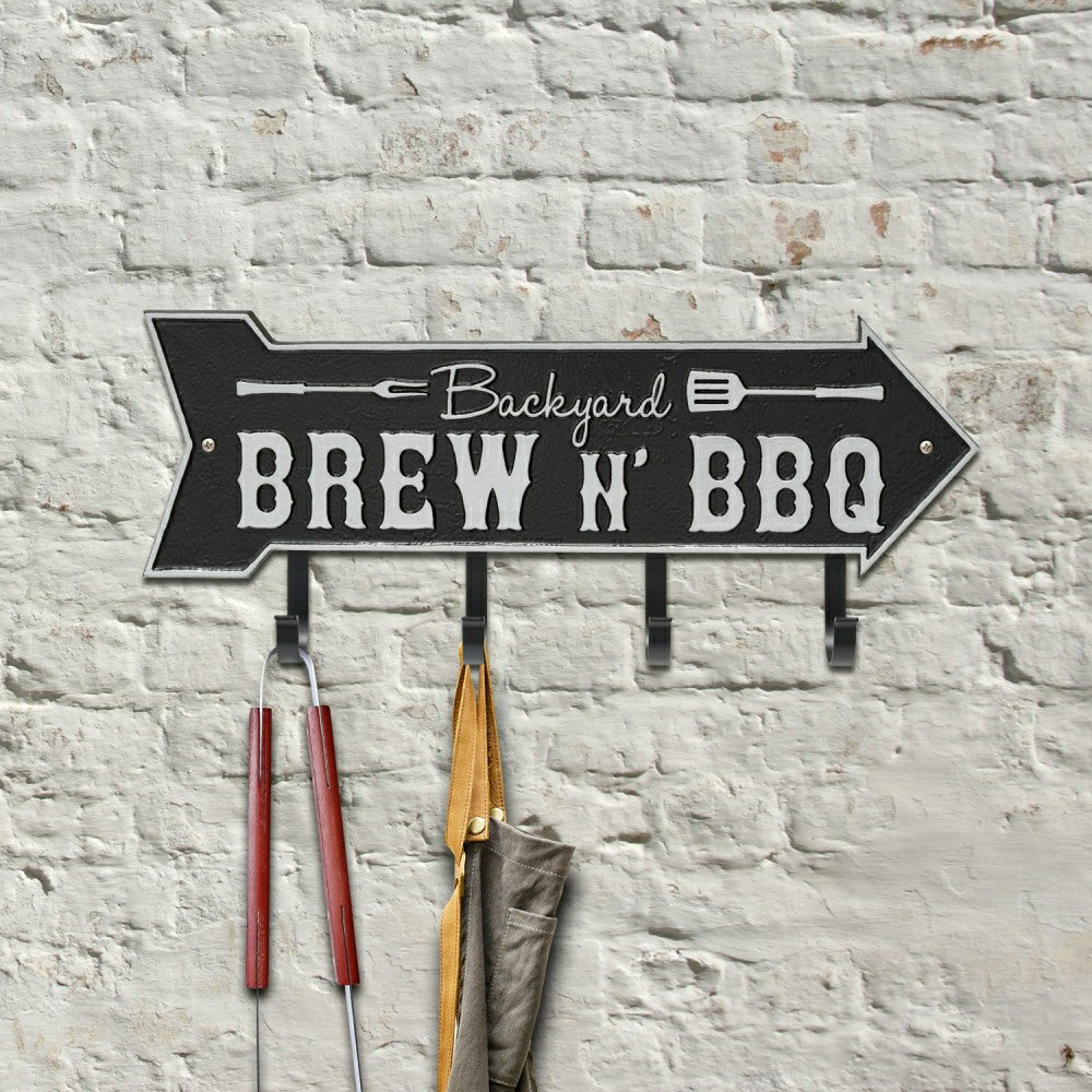 Plow & Hearth Backyard Brew N' BBQ Arrow Hook Plaque, Antique Brass