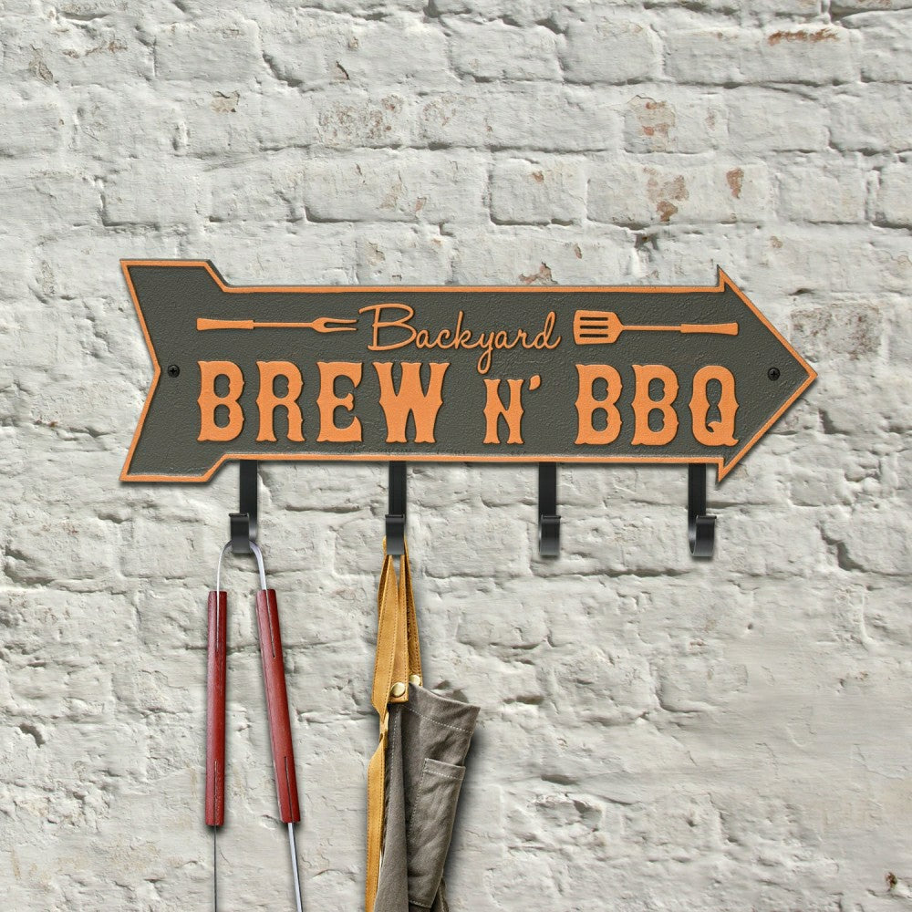 Plow & Hearth Backyard Brew N' BBQ Arrow Hook Plaque, Antique Brass