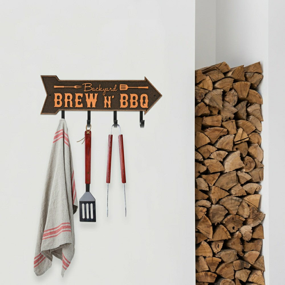 Plow & Hearth Backyard Brew N' BBQ Arrow Hook Plaque, Antique Brass