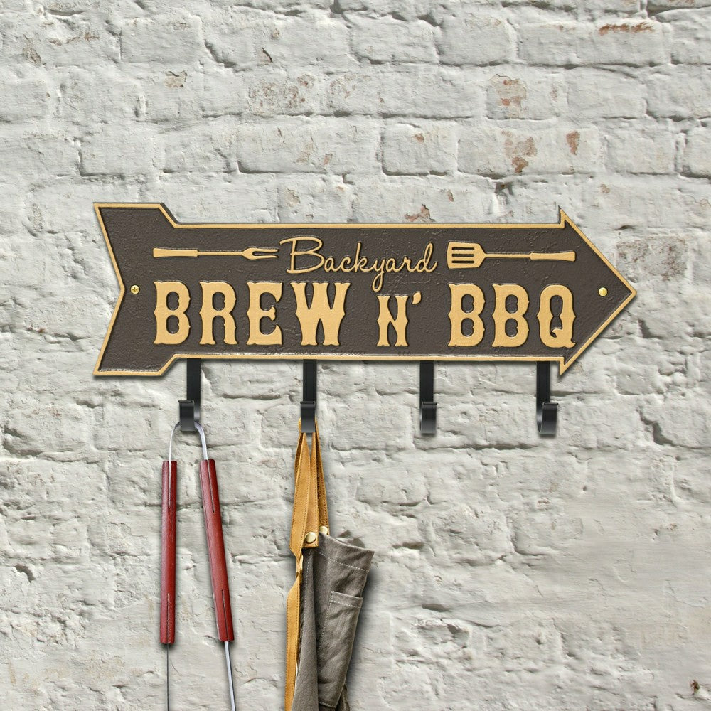 Plow & Hearth Backyard Brew N' BBQ Arrow Hook Plaque, Antique Brass