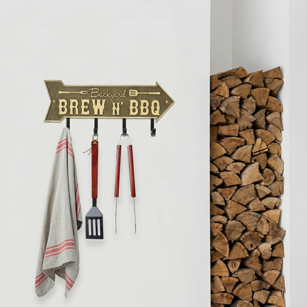 Plow & Hearth Backyard Brew N' BBQ Arrow Hook Plaque, Antique Brass