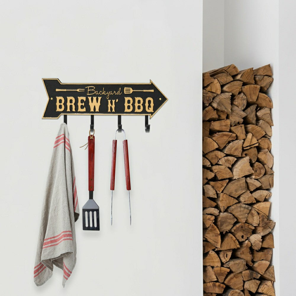 Plow & Hearth Backyard Brew N' BBQ Arrow Hook Plaque, Antique Brass