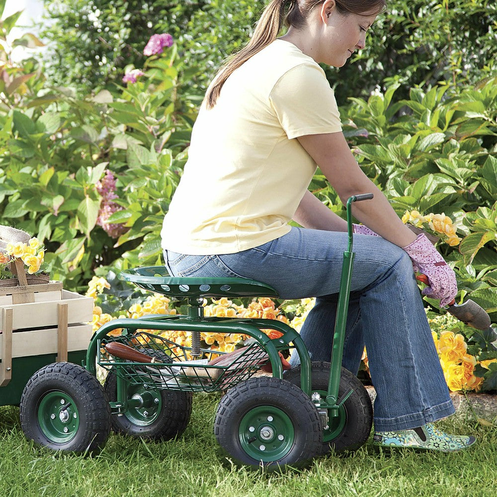 Plow & Hearth Green Rolling Scoot-N-Do Garden Seat